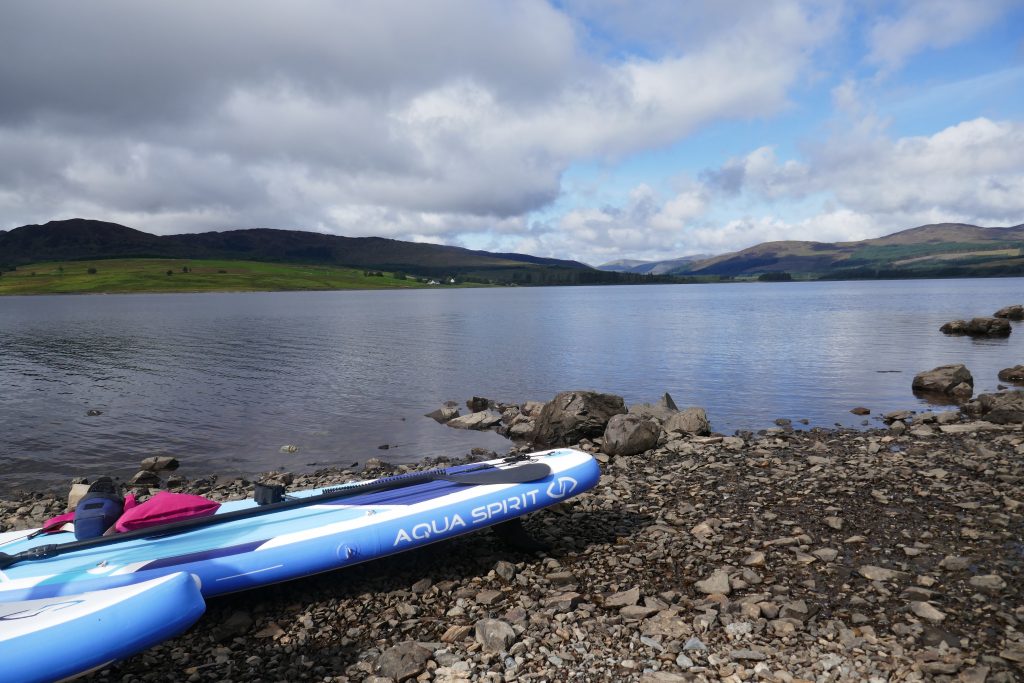 paddleboards ready to go at Clatteringshaws Loch