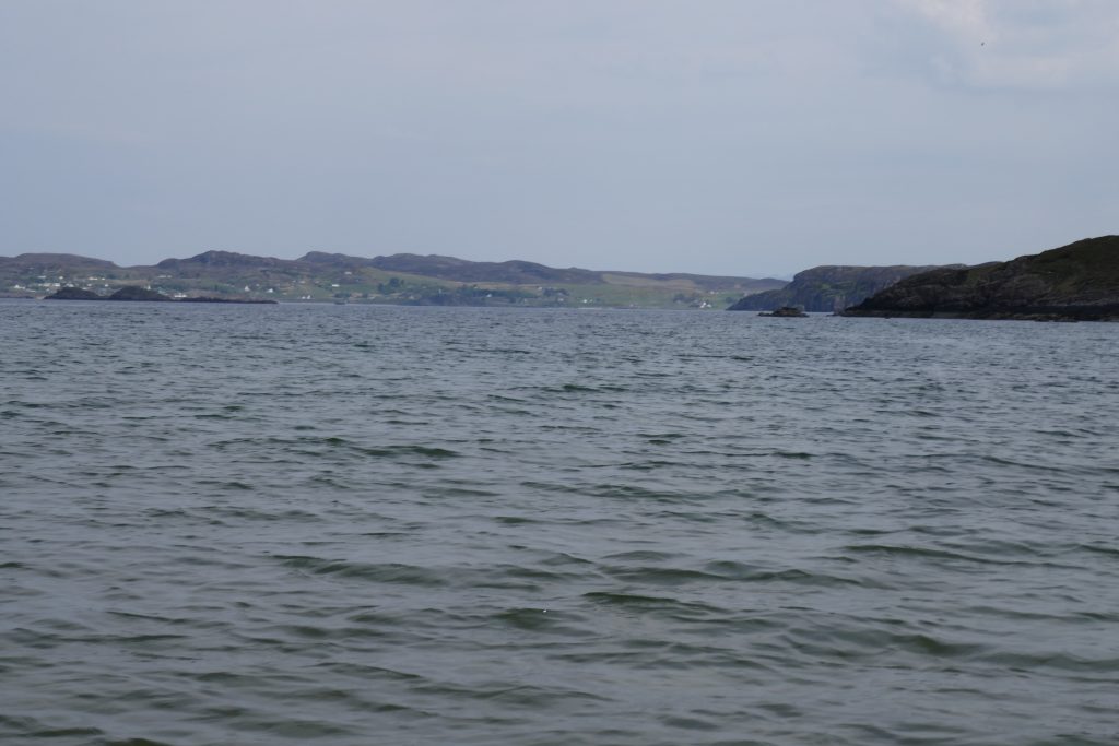 From my paddleboard: Isle of Ewe on the right and my target, Sgeir an Araig on the left